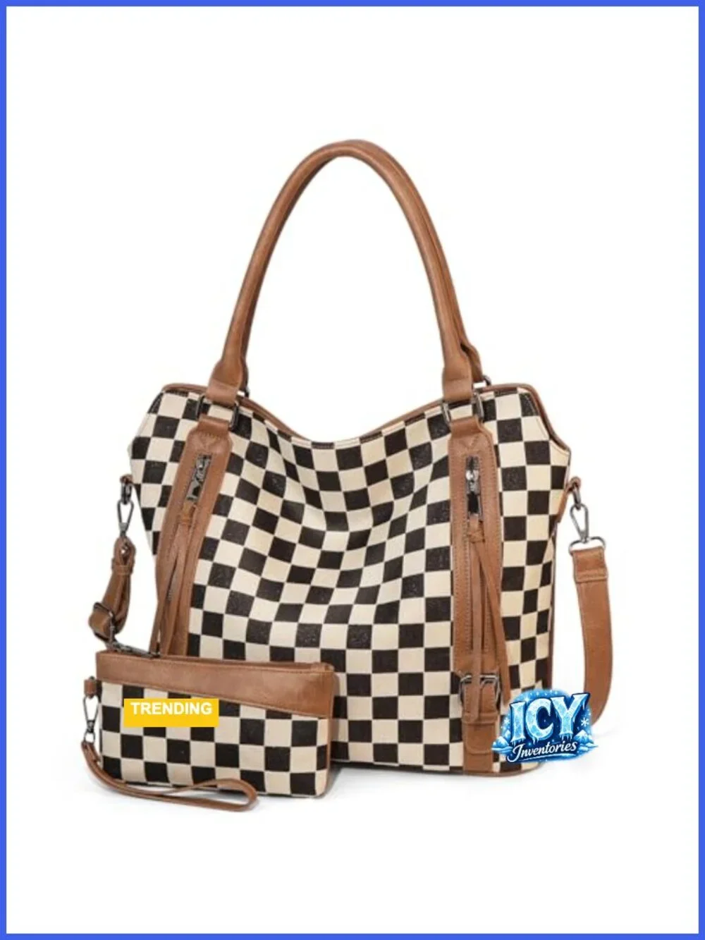 Large Checkered Hobo Tote Bag for Women Faux Leather Canvas Shoulder Purse
